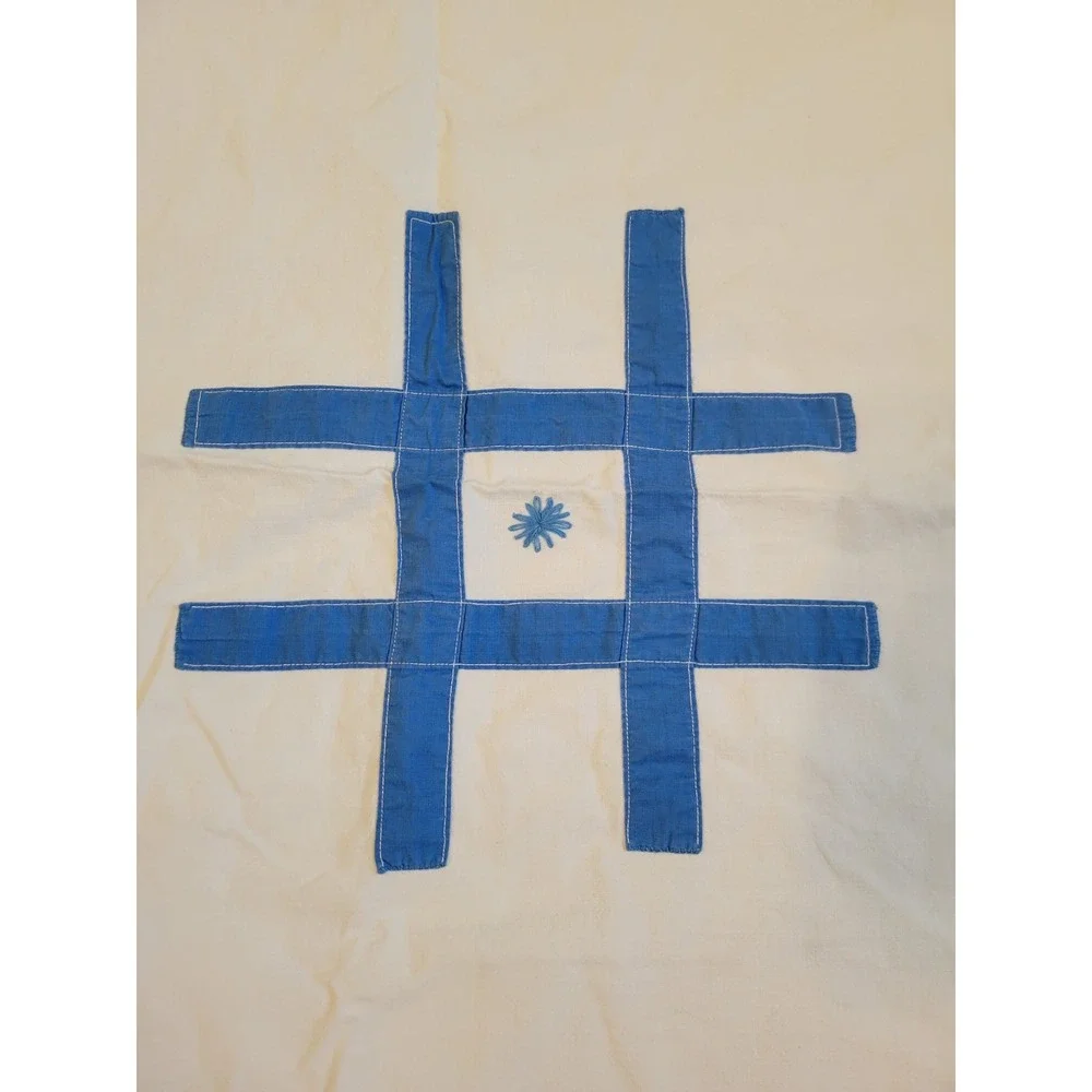 Handmade Vintage Tablecloth Farmhouse Applique Grid Star White Blue Square 35x35
